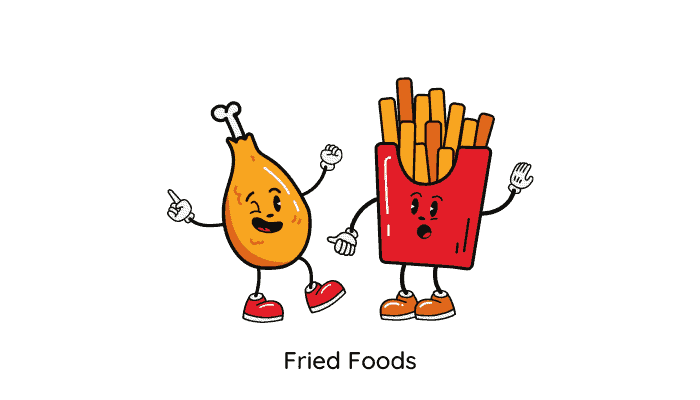 Fried foods like fries and chicken leg 